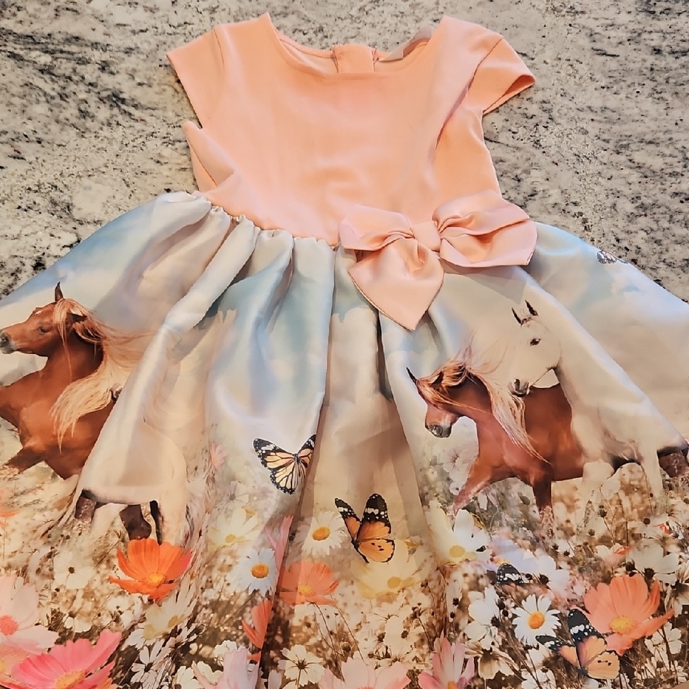 H&M Peach and Multicolor Dress with Horse and Butterfly Design